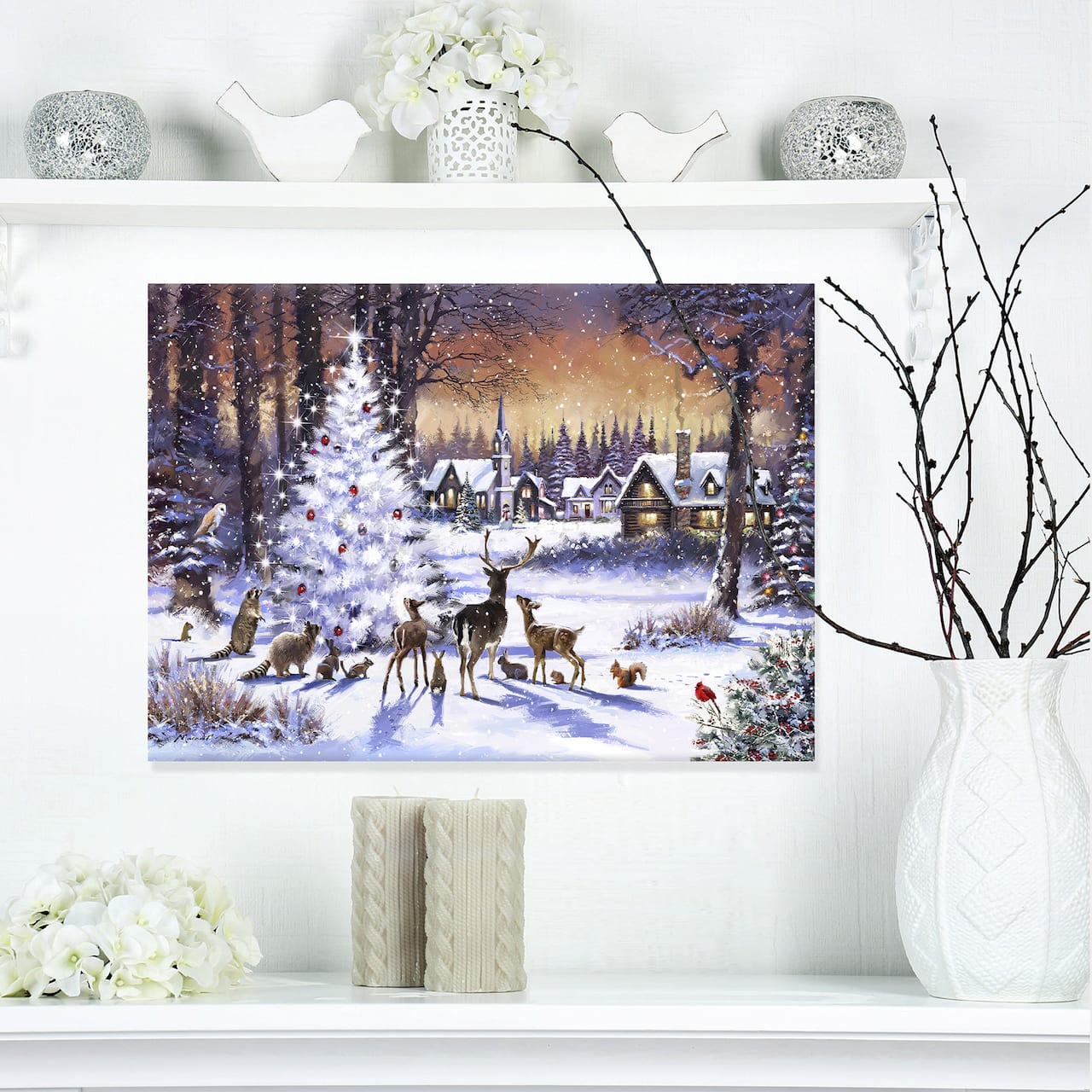 Designart Christmas Woods with Deer, Buck &#x26; Owl Canvas Art